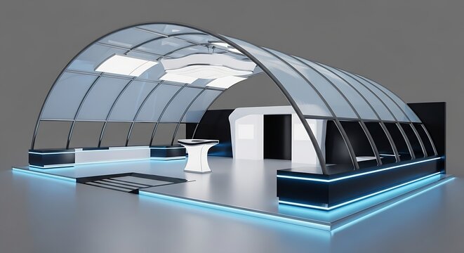Stunning modern exhibition booth design with futuristic glass dome, sleek reception desk, and vibrant blue LED lighting for impactful trade show presence.