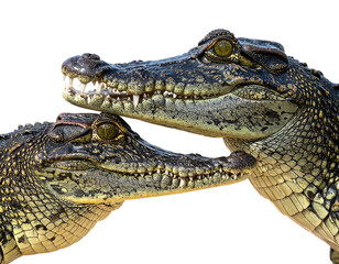 Obraz premium Crocodilian pair intimately intertwined, showcasing their textured skin and piercing golden eyes against black background