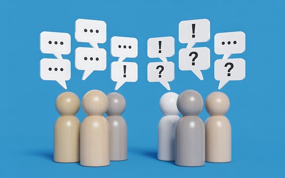 A 3D rendering of two distinct groups of figures engaged in a lively discussion, with speech bubbles symbolizing diverse opinions, questions, and dialogue