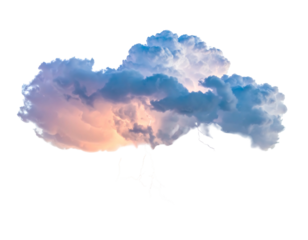 Fluffy cloud illuminated by pink and blue hues isolated against a stark black backdrop with lightning