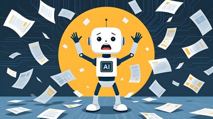 Stressed cartoon AI robot overwhelmed by paperwork, arms raised in dismay, technology challenges, automation woes, modern illustration, digital burnout concept