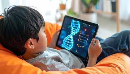 A young child engrossed in learning about DNA structure on a tablet device while relaxing on a beanbag.