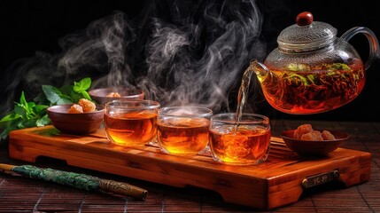 Hot amber liquid pours from a glass teapot into clear cups, creating steam.