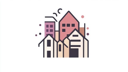 Minimalist cartoon buildings on white background with small colorful dots, for use in ads