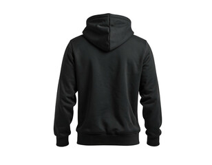 Back view of a dark hooded sweatshirt with drawstrings and fitted cuffs, isolated on a black background