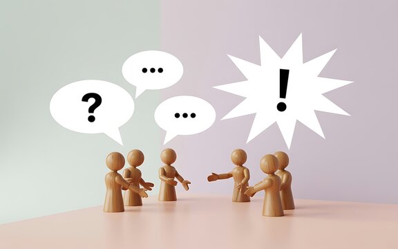 Diverse group of people in a meeting, discussing ideas with speech bubbles containing question marks, ellipses and an exclamation point - Powered by Adobe