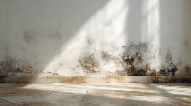 Damp and discolored interior wall surface shows signs of dark mold growth near the baseboard