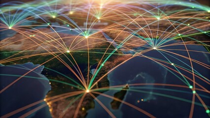 A digital representation of a connected world, showcasing global networks and interconnectivity through colorful lines over a map.