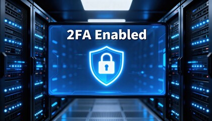 Cyber Security Fortress: A digital sanctuary of data security, highlighting a server room with an active 2FA enabled status, a symbol of secure digital environment.