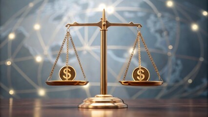 A golden scale balances coins, symbolizing justice and finance against a blurred global background.