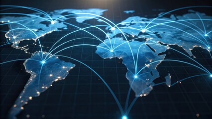 A digital map showcasing global connectivity with illuminated lines representing data or communication pathways between continents.