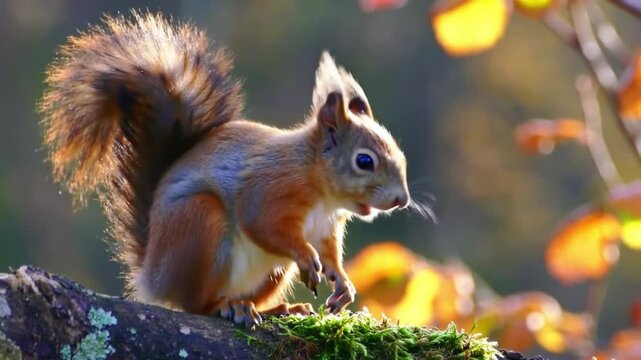 Squirrel holding and eating a nut under warm autumn sunlight surrounded by colorful fall leaves