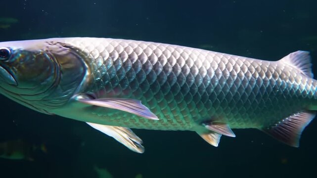 Detailed close-up video of an Arowana fish gliding smoothly through a clear aquarium, showcasing shiny scales and elegant movements under natural light