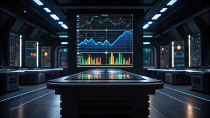 A futuristic control room featuring digital graphs and screens, illuminated by blue lighting, ideal for data analysis and monitoring.