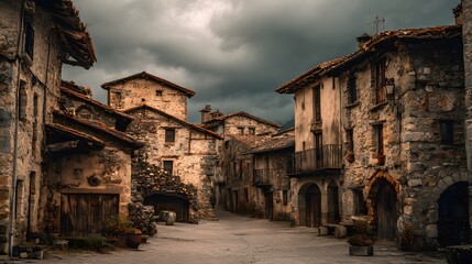 Ancient stone buildings line a narrow, deserted village street beneath dramatic, overcast skies