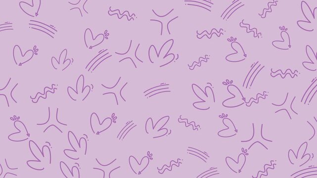 Linear pattern with purple background, hearts plants squiggles lines. Suitable for valentines day designs, greeting cards, backgrounds, and wrapping papers