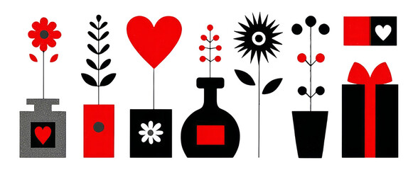 Colorful Isolated Shapes of Flowers, Hearts, and Plants with Transparent Background