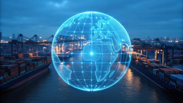 A digital representation of a globe overlaying a busy shipping port with containers, highlighting global trade and connectivity.