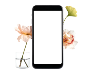 Phone with white screen flanked by pale flowers & ginkgo leaf. Vase with water sits to the left