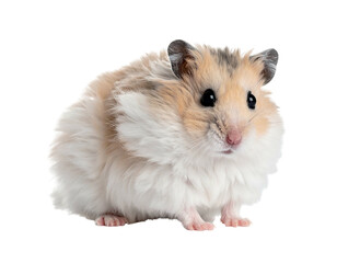 Fluffy hamster portrait, its soft, white-beige fur highlighted against a black background