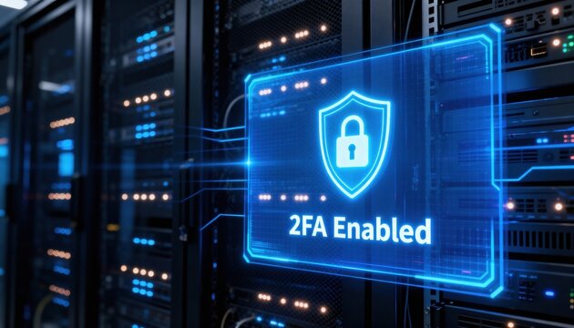 Digital Security: Illuminated servers showcase a glowing digital shield representing the secure implementation of 2FA, securing data