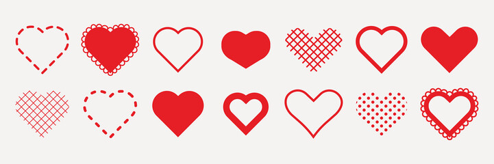 Collection of red and white heart icons. Various heart designs include solid, outlined, and patterned hearts. Perfect for Valentine's Day and romantic themes. Valentine's Day elements, vector set.