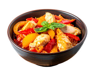 A bowl filled with stir-fried chicken, red and yellow peppers, garnished with basil, served in a dark bowl