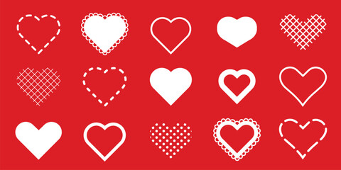 Various white heart icons on a red background. Heart shapes include solid, dotted, and lace patterns. Heart icons are diverse in style and design. Valentine's Day elements, vector set.