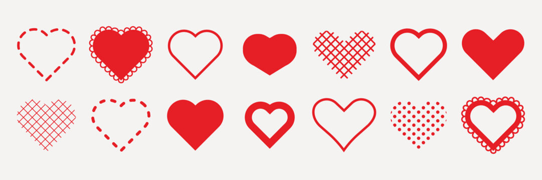Collection of red and white heart icons. Various heart designs include solid, outlined, and patterned hearts. Perfect for Valentine's Day and romantic themes. Valentine's Day elements, vector set.