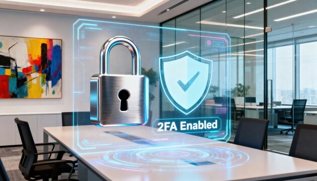 Secure Meeting Room: A modern meeting room illustrates a digital security concept, featuring a padlock, a shield, and a 2FA Enabled message.