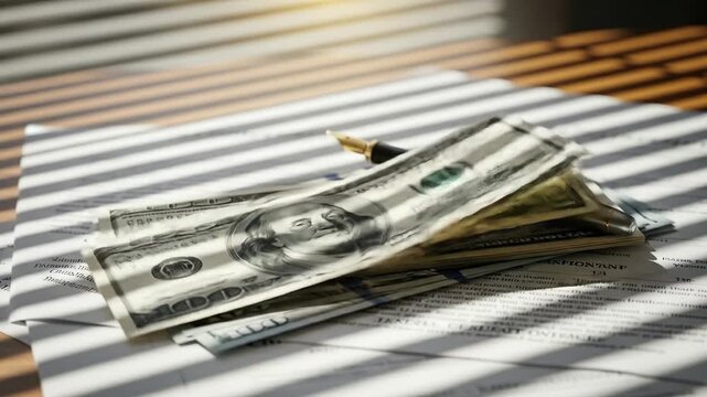 A stack of cash, documents, and pen bathed in sunlight. Focus is on money