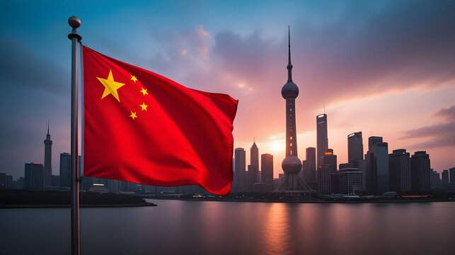 Stunning Shanghai skyline at sunset with vibrant Chinese flag waving in the foreground, evoking a sense of pride and modern prosperity, perfect for travel