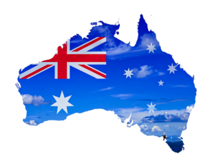 Australia's outlined shape filled w/ the Union Jack and sky featuring clouds, against a black background