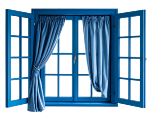 A bright blue, open window with two panes and curtains, showing only darkness outside