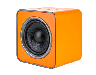 Bright orange, square speaker with rounded edges. Dark speaker cone visible through a circular silver surround