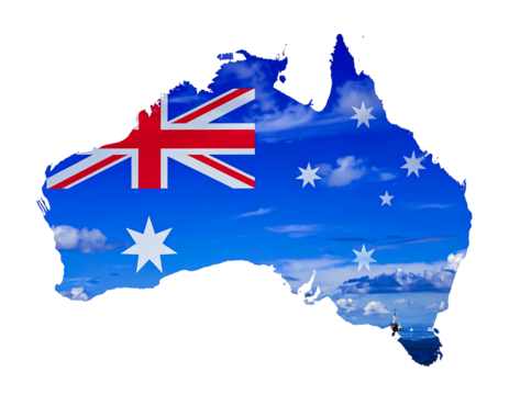 Australia's outlined shape filled w/ the Union Jack and sky featuring clouds, against a black background