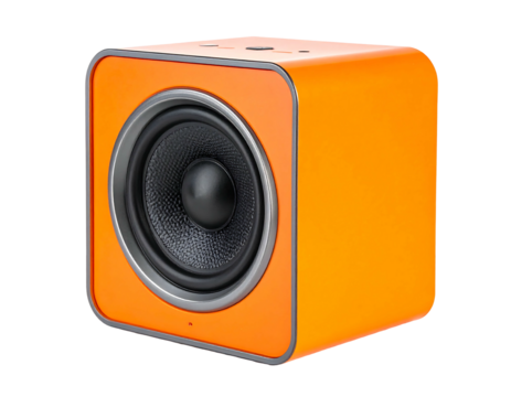 Bright orange, square speaker with rounded edges. Dark speaker cone visible through a circular silver surround