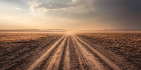 A dirt road in a field with a cloudy sky