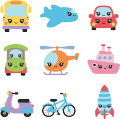 Whimsical Transportation Collection Cute Car, Airplane, Bus, Helicopter, Scooter, Ship, Bicycle, and Rocket
