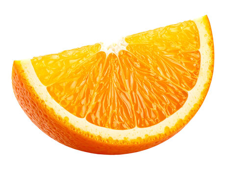 Bright orange wedge showcasing pulp and rind against a stark black background, angled for eye-catching appeal
