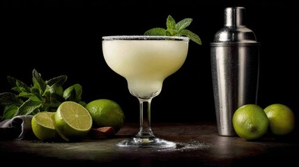 Fototapeta premium Frosted cocktail with mint and limes beside a shaker.