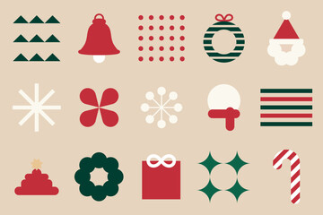 Obraz premium Minimalist vector set with Christmas icons in red, green, and white. Simple vector style with geometric shapes and festive concept. Aesthetic flat graphic illustration festive holiday element set.