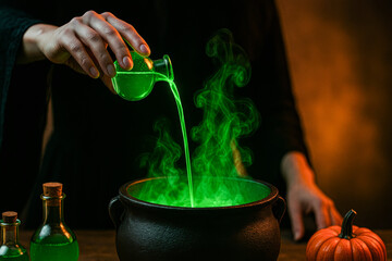 Witch’s Brew Bubbling with Glowing Potion in Cauldron