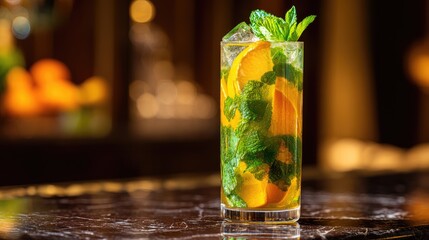 Refreshing cocktail with orange and mint garnished with ice.