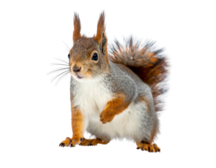 Fluffy squirrel with a white chest stands against a black background. Eyes are forward, looking slightly to the left