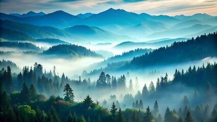 Misty mountain landscape with evergreen forest and layered peaks at sunrise