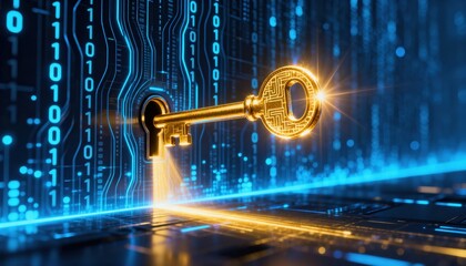 Digital Lock: A golden key unlocking the gateway, symbolizing data security and information access, amidst a vibrant stream of binary code.