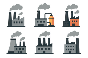 Obraz premium Various stylized industrial factory icons with smoking chimneys, representing different types of manufacturing facilities.