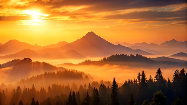 Majestic mountain range bathed in the warm golden light of a dramatic sunset