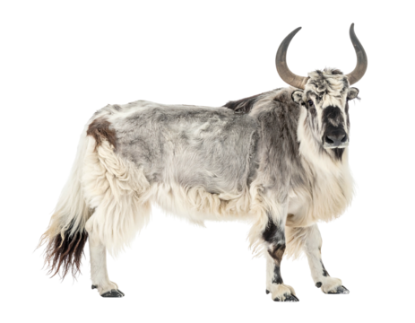 Fluffy yak standing against a black background, looking forward with large curved horns